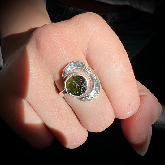 Sterling Silver Moldavite Ring -  7 (O) open size