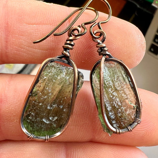 Moldavite/Copper Earrings.