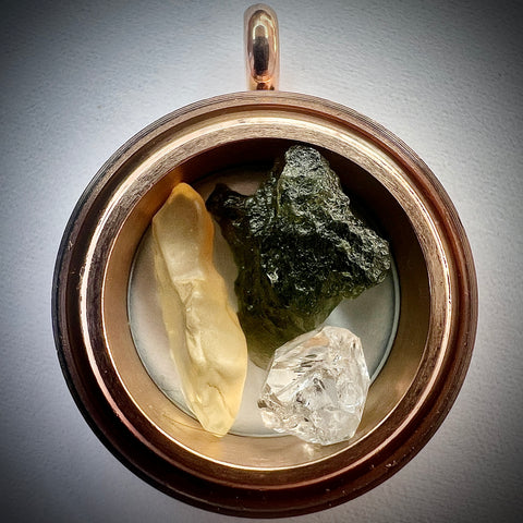 Moldavite, Herkimer Diamond & LDG Rose Gold Locket - 25mm