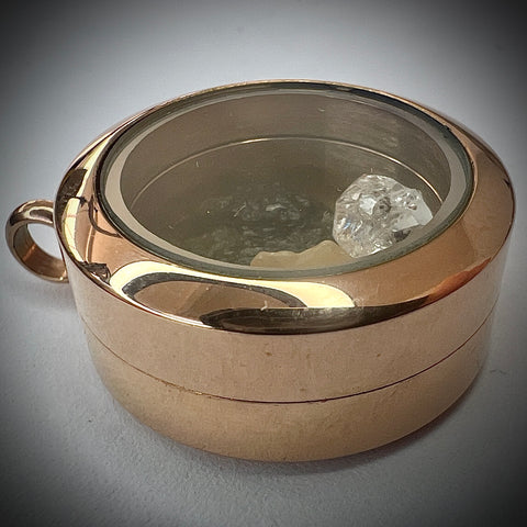 Moldavite, Herkimer Diamond & LDG Rose Gold Locket - 25mm