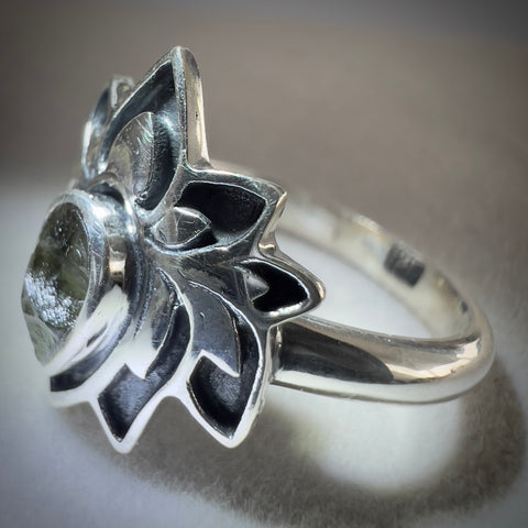 Sterling Silver Lotus Moldavite Ring - Size 10