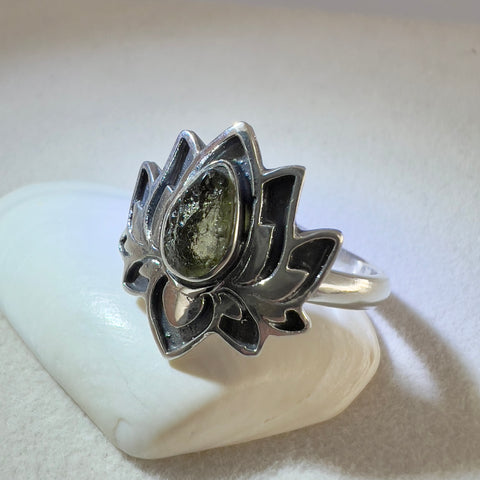 Sterling Silver Lotus Moldavite Ring - Size 10