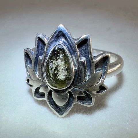 Sterling Silver Lotus Moldavite Ring - Size 10
