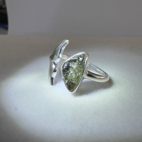 Whale Tail Sterling Silver Ring with Natural Moldavite - Size 8