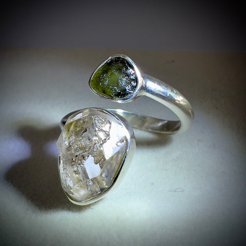 Moldavite & Herkimer Diamond Open Ring in Sterling Silver - Size 10