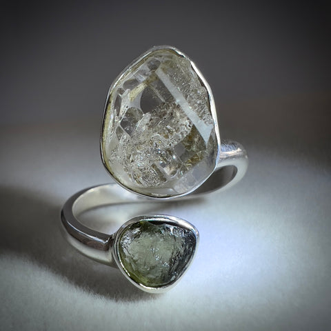Moldavite & Herkimer Diamond Open Ring in Sterling Silver - Size 10