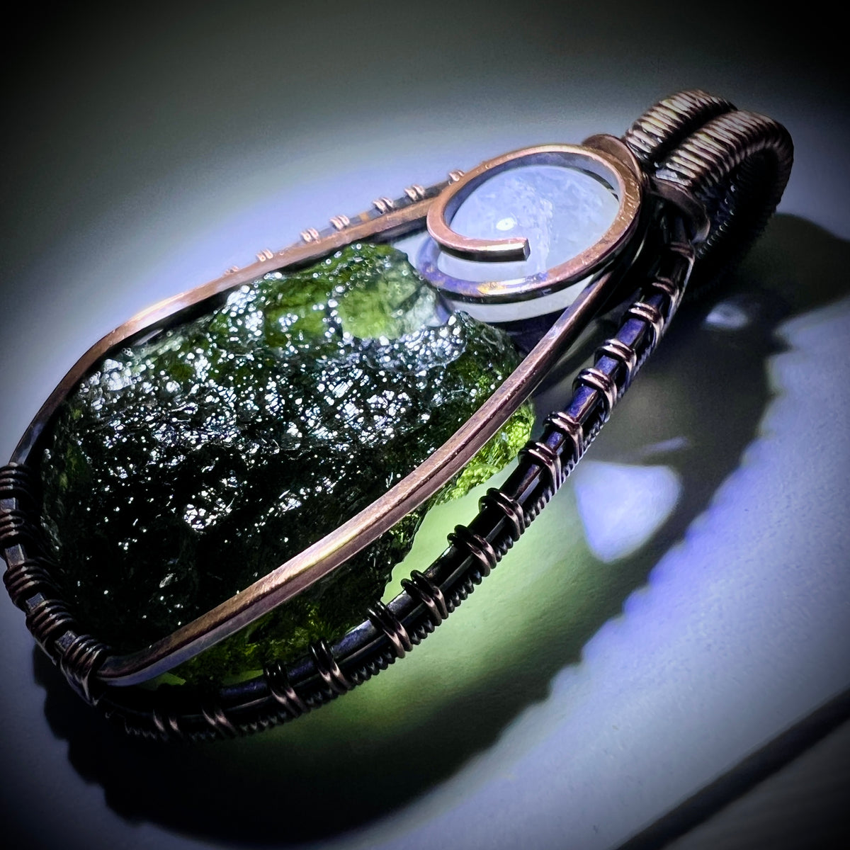 Moldavite & Moonstone Copper pendant