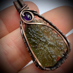Moldavite & Amethyst Copper pendant