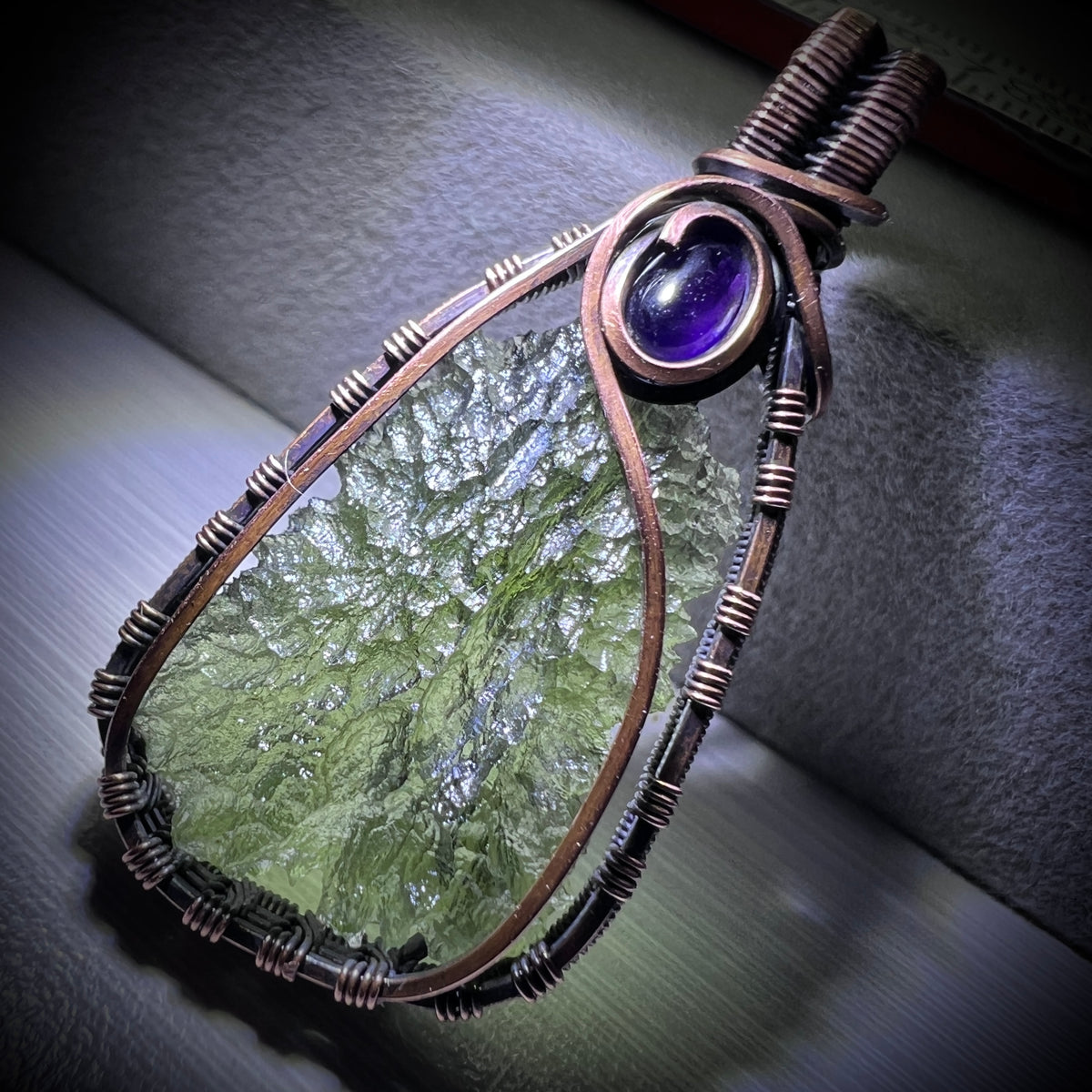 Moldavite & Amethyst Copper pendant