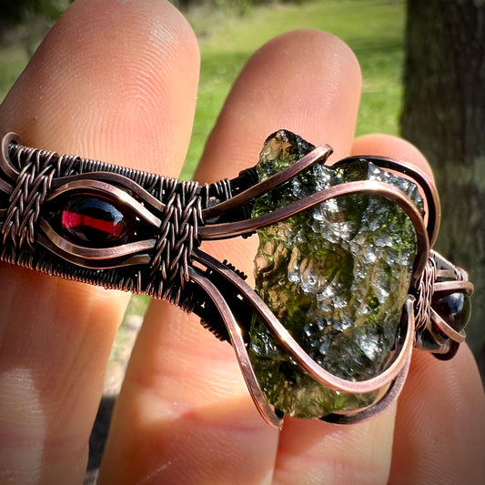Moldavite & Copper Bracelet - Garnet Accents