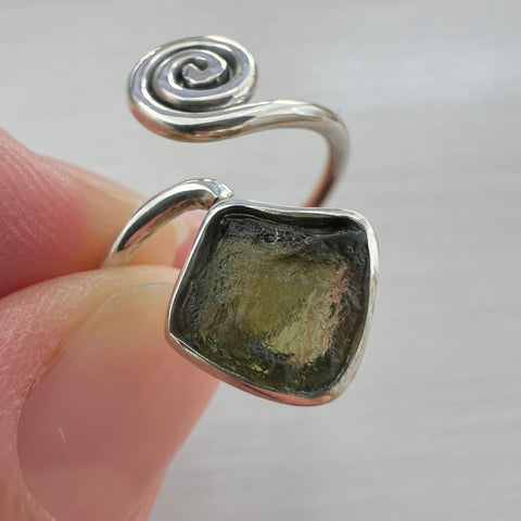 Open Spiral Moldavite Ring in Sterling Silver | Size 6.5 | Chlum