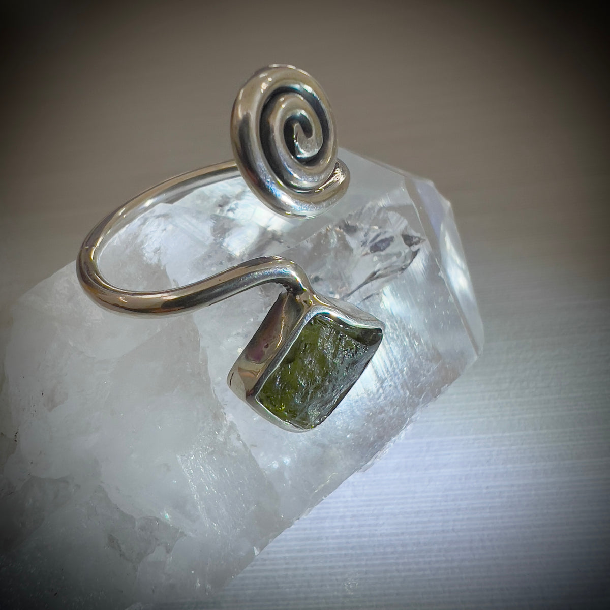 Open Spiral Moldavite Ring in Sterling Silver | Size 6.5 | Chlum