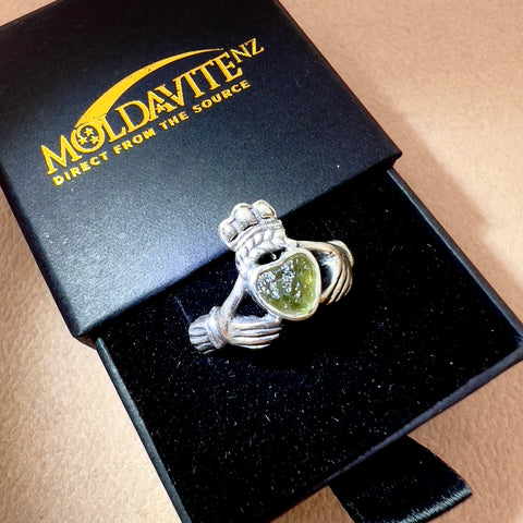 Sterling Silver Moldavite Claddagh Ring - Size 9 Open | Chlum