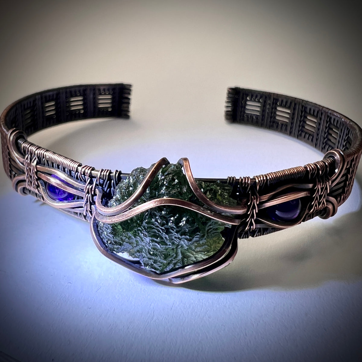 Moldavite & Copper Bracelet - Amethyst Accents