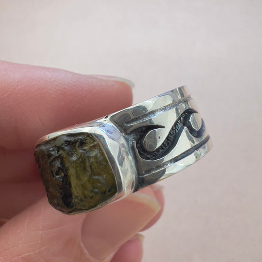 Sterling Silver Moldavite Wave Ring| Size 10 (T 1/2) | Chlum