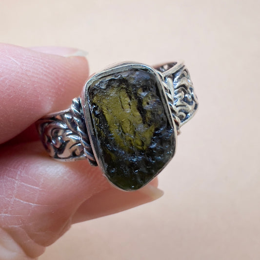 Ornate Filigree Sterling Silver Moldavite Ring – Size 10