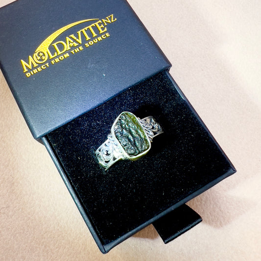Ornate Filigree Sterling Silver Moldavite Ring – Size 10