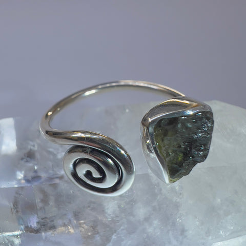 Open Spiral Moldavite Ring in Sterling Silver | Size 8.5 | Chlum