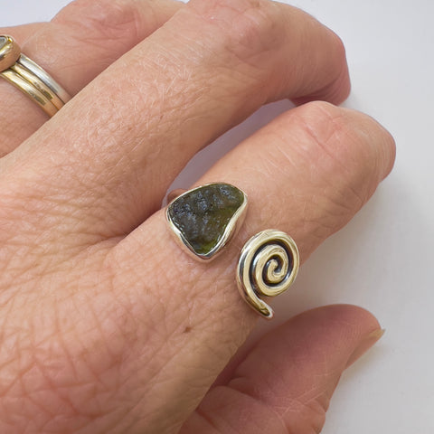 Open Spiral Moldavite Ring in Sterling Silver | Size 8.5 | Chlum