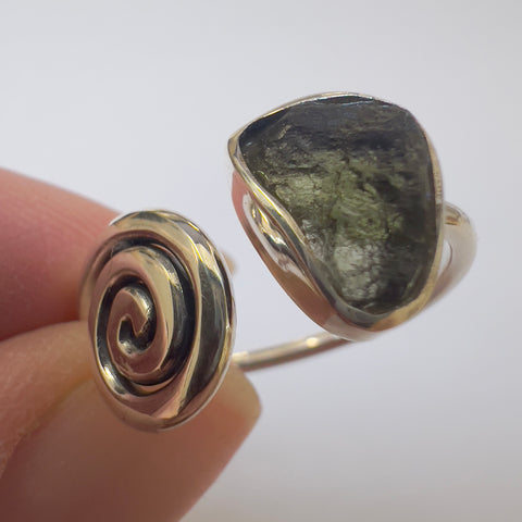 Open Spiral Moldavite Ring in Sterling Silver | Size 8.5 | Chlum