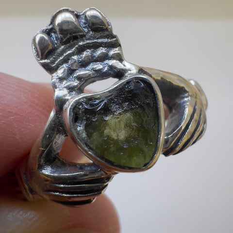 Claddagh Sterling Silver Moldavite Ring | Size 9 | Chlum