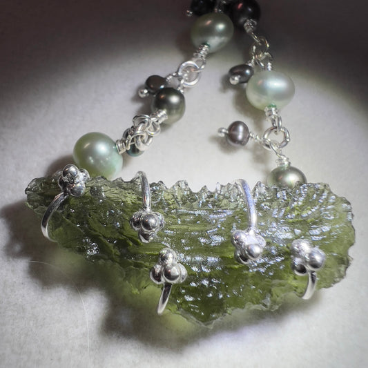 Delicate Sterling Silver, Green Pearl & Moldavite Necklace