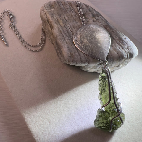Sterling Silver Moldavite Statement Necklace | 4.2g | Chlum