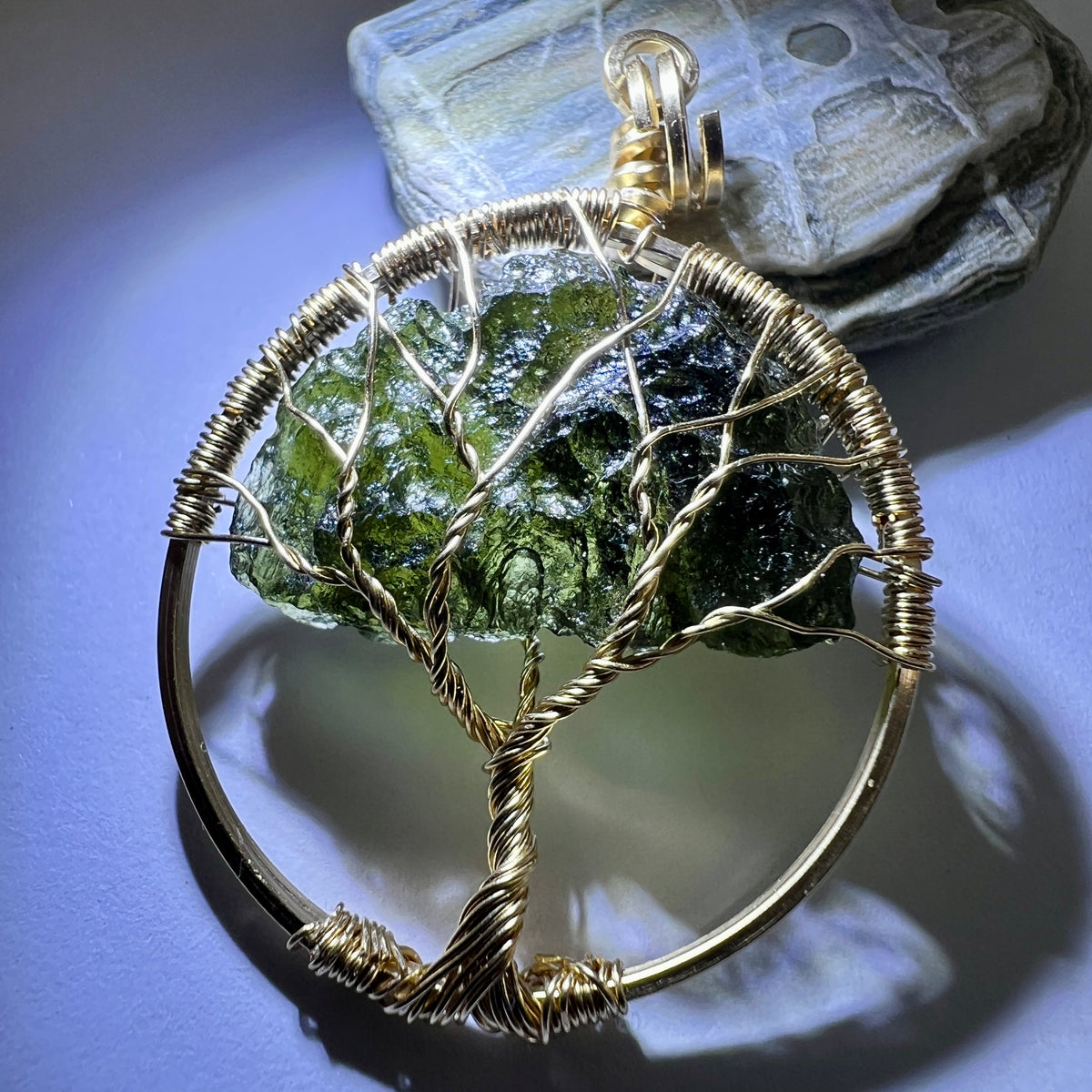 Moldavite Tree of Life pendant - 14k Gold