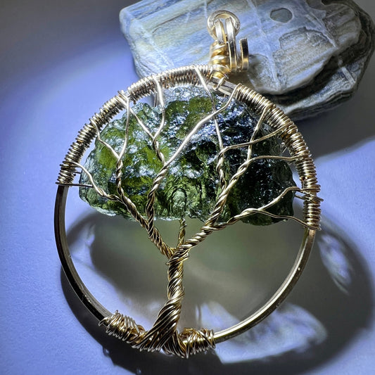 Moldavite Tree of Life pendant - 14k Gold