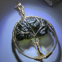 Moldavite Tree of Life pendant - 14k Gold