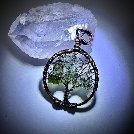 Moldavite Tree of Life Pendant - Antiqued Copper