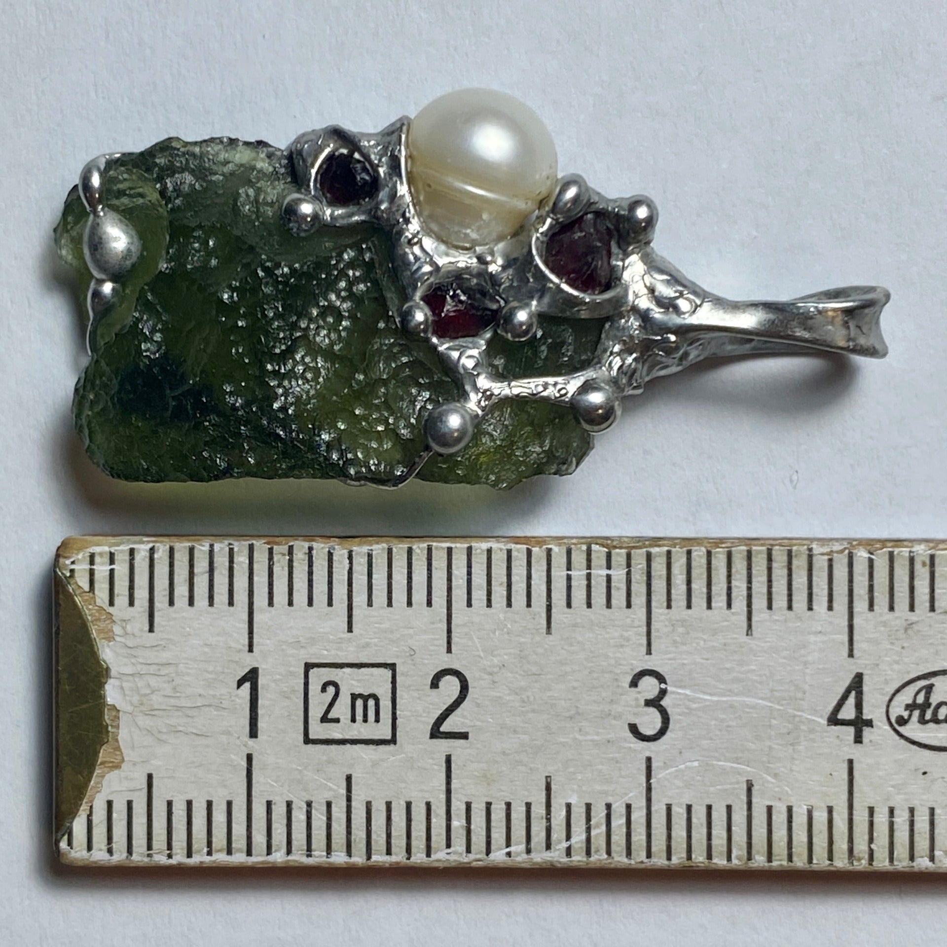 2.7g Moldavite Pendant with Czech Garnet and River Pearl