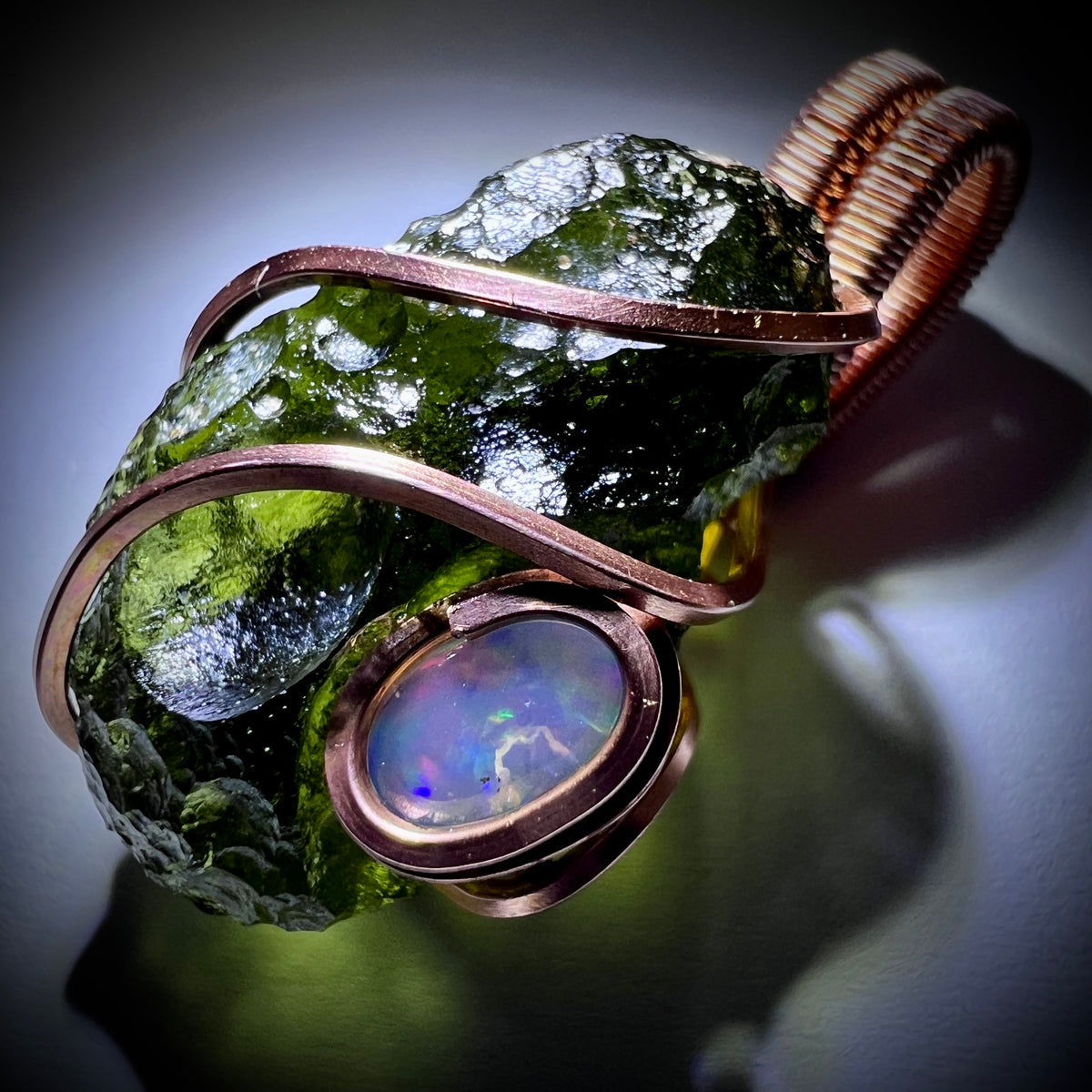 Moldavite & Opal Copper Pendant