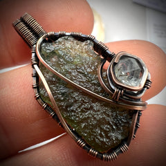 Moldavite & Herkimer Diamond Copper Pendant