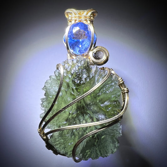 Moldavite/Gold pendant - Aquamarine & Smokey quartz accents.