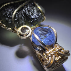 Moldavite/Gold pendant - Aquamarine & Smokey quartz accents.