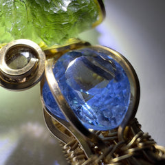 Moldavite/Gold pendant - Aquamarine & Smokey quartz accents.