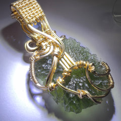 Moldavite/Gold pendant - Aquamarine & Smokey quartz accents.