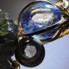 Moldavite/Gold pendant - Aquamarine & Smokey quartz accents.
