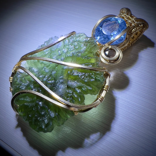 Moldavite/Gold pendant - Aquamarine & Smokey quartz accents.