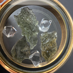 Gold Locket with Moldavite & Herkimer.