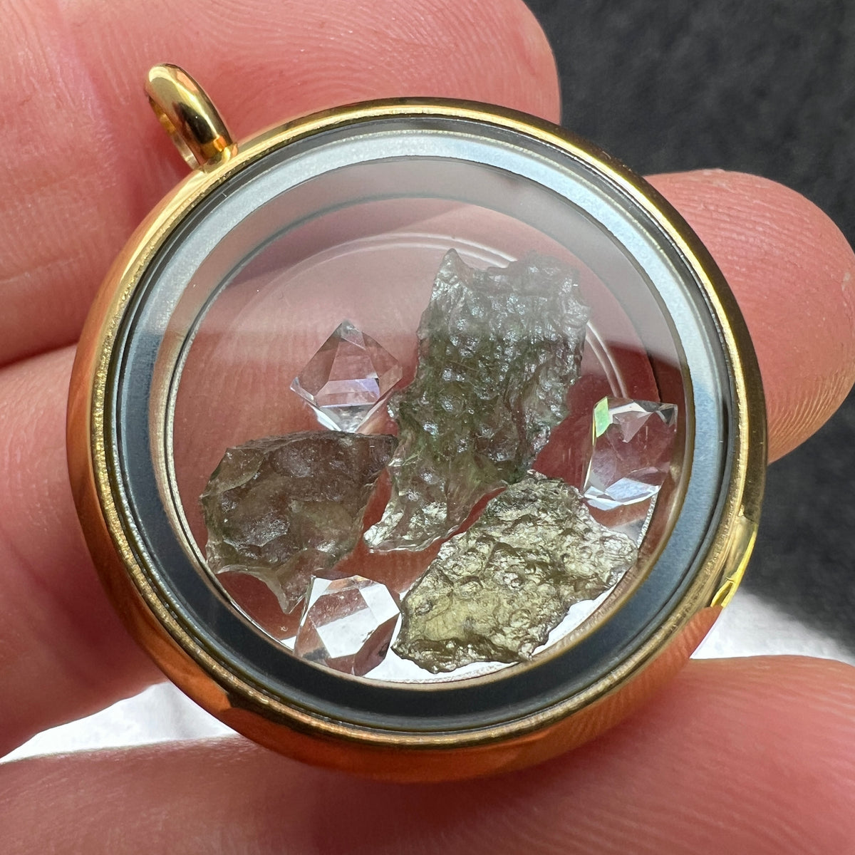 Gold Locket with Moldavite & Herkimer.