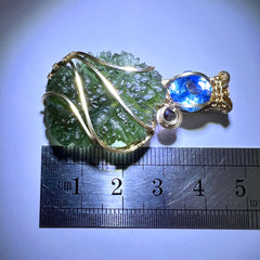 Moldavite/Gold pendant - Aquamarine & Smokey quartz accents.