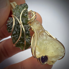 Moldavite, LDG, Herkimer & Amethyst Gold pendant.