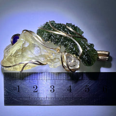 Moldavite, LDG, Herkimer & Amethyst Gold pendant.