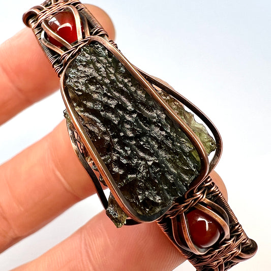 2.73g Moldavite & Copper Bracelet with Red Carnelian Stones