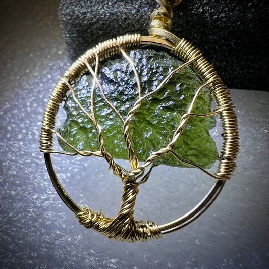 Beautiful Moldavite Tree of Life Pendant in 14k Gold Filled