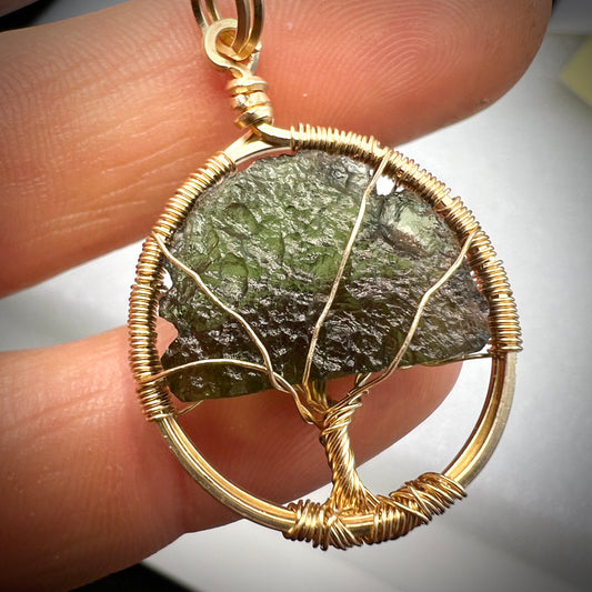 Beautiful Moldavite Tree of Life Pendant in 14k Gold Filled