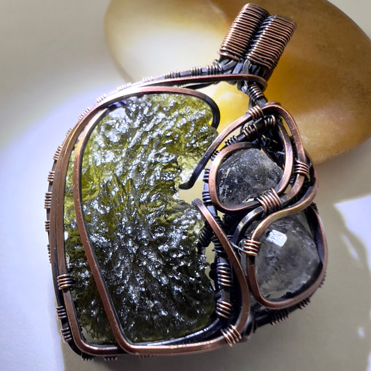 5.45g Double Herkimer, Moldavite Copper Pendant
