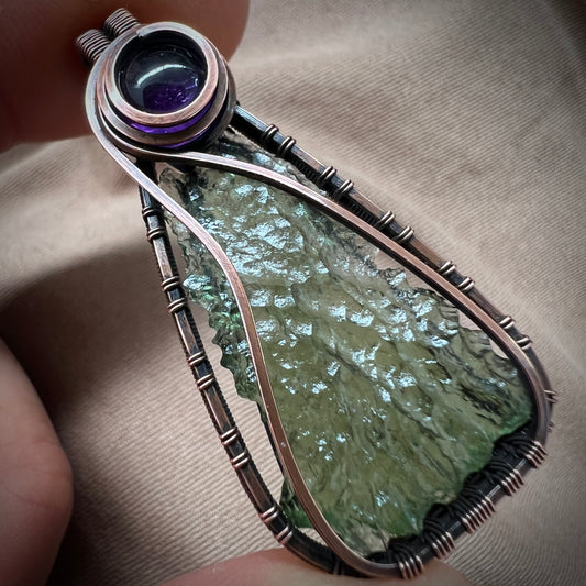 Moldavite & Amethyst Copper Pendant  2.39g